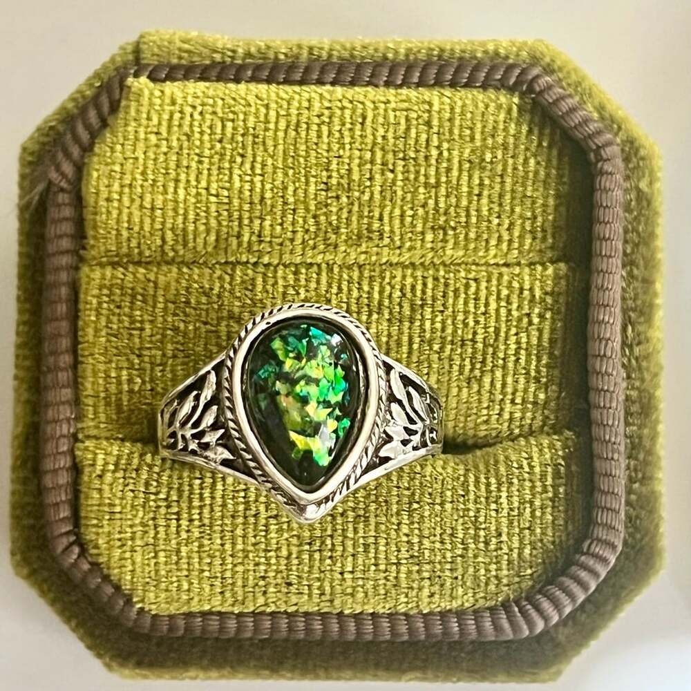 Teardrop Australian Triplet Opal Titanium Steel Silver Ring Green Size 7